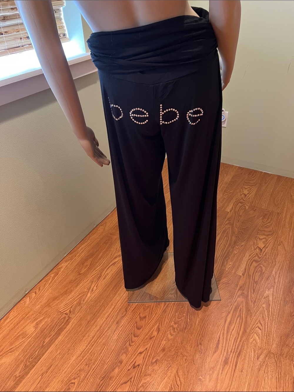 bebe Black Wide-Leg Rhinestone Logo Sweatpants Size M